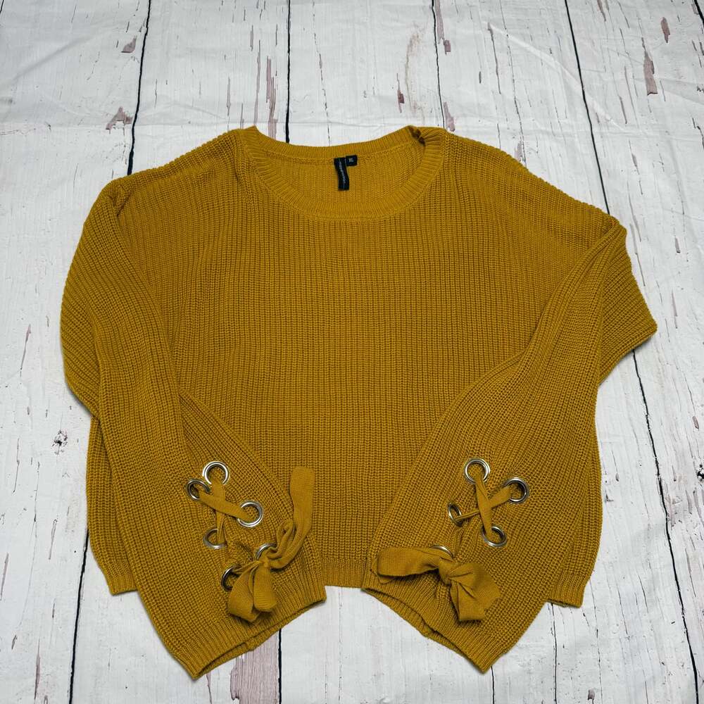 Moon & Madison Women Mustard Yellow‎ Sweater Side Lace Up Crew Cropped XL